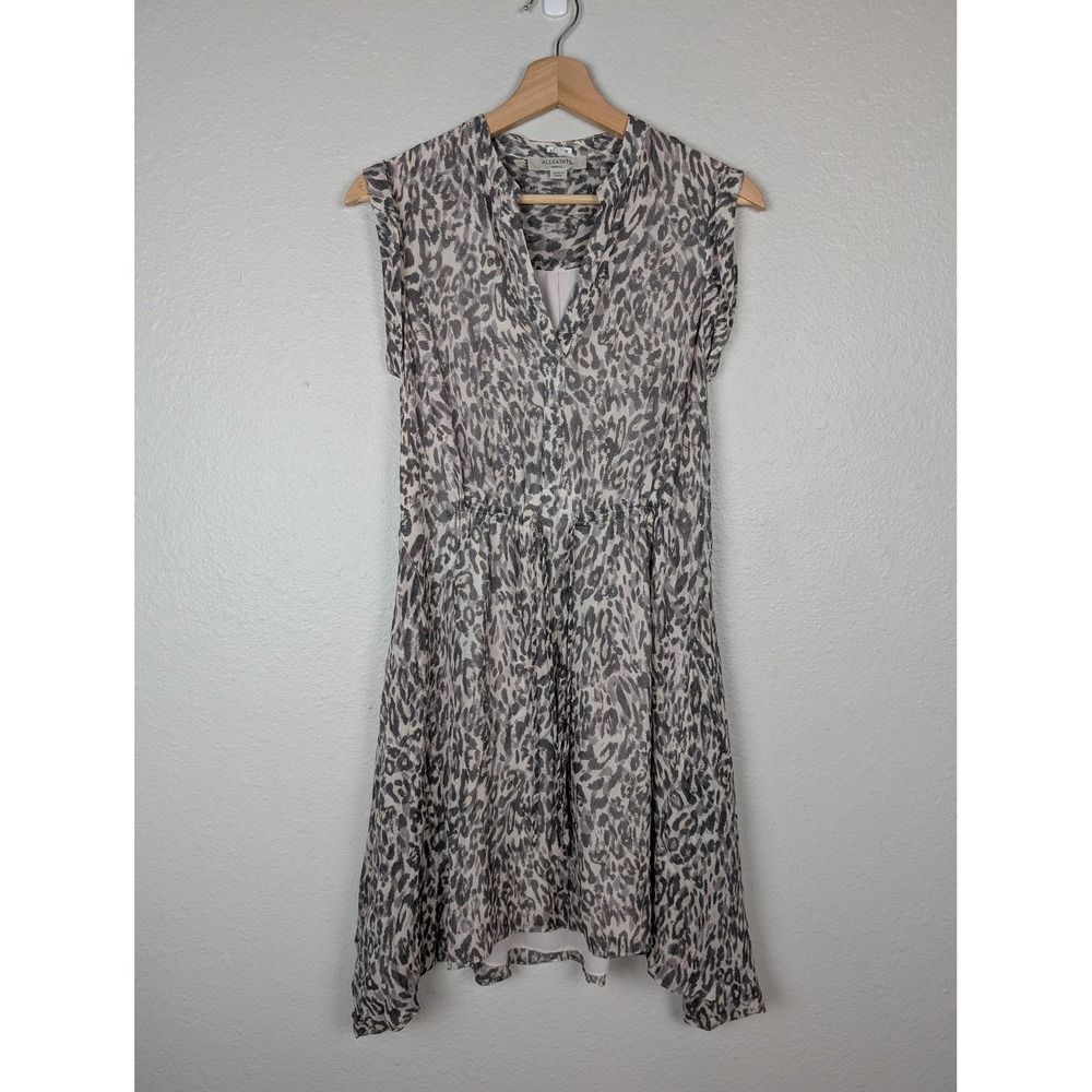 AllSaints Clari Kara Dress Womens Small Gray Pink Leopard Print Lined Sleeveless